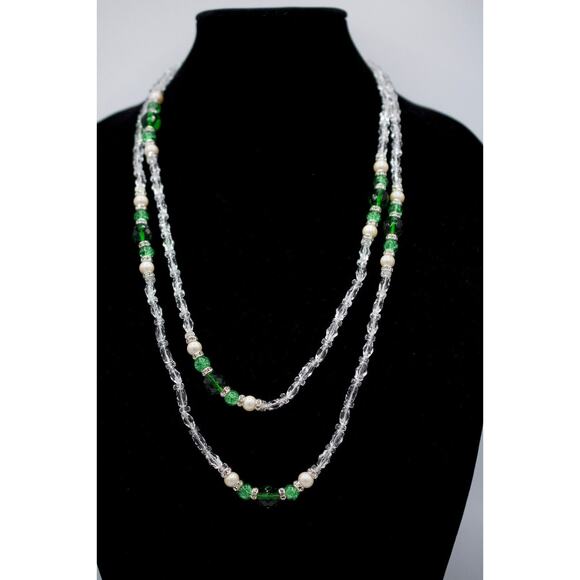 Vintage 54" Crystal Beaded Necklace Sparkling Green Pearl 54" NOS 1980s Bin3 - Picture 1 of 12